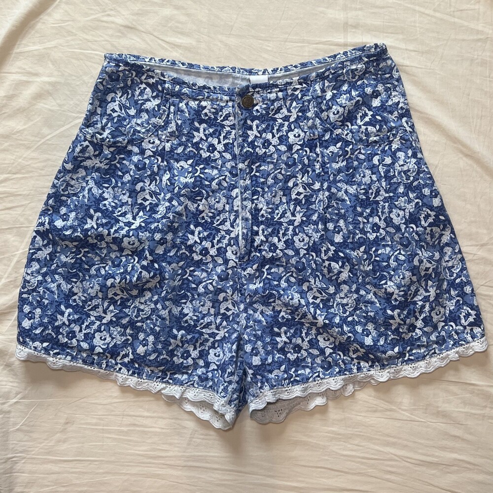 Vintage Gitano Women’s Floral Shorts Blue Lace Trim Cotton 8/10 cottagecore